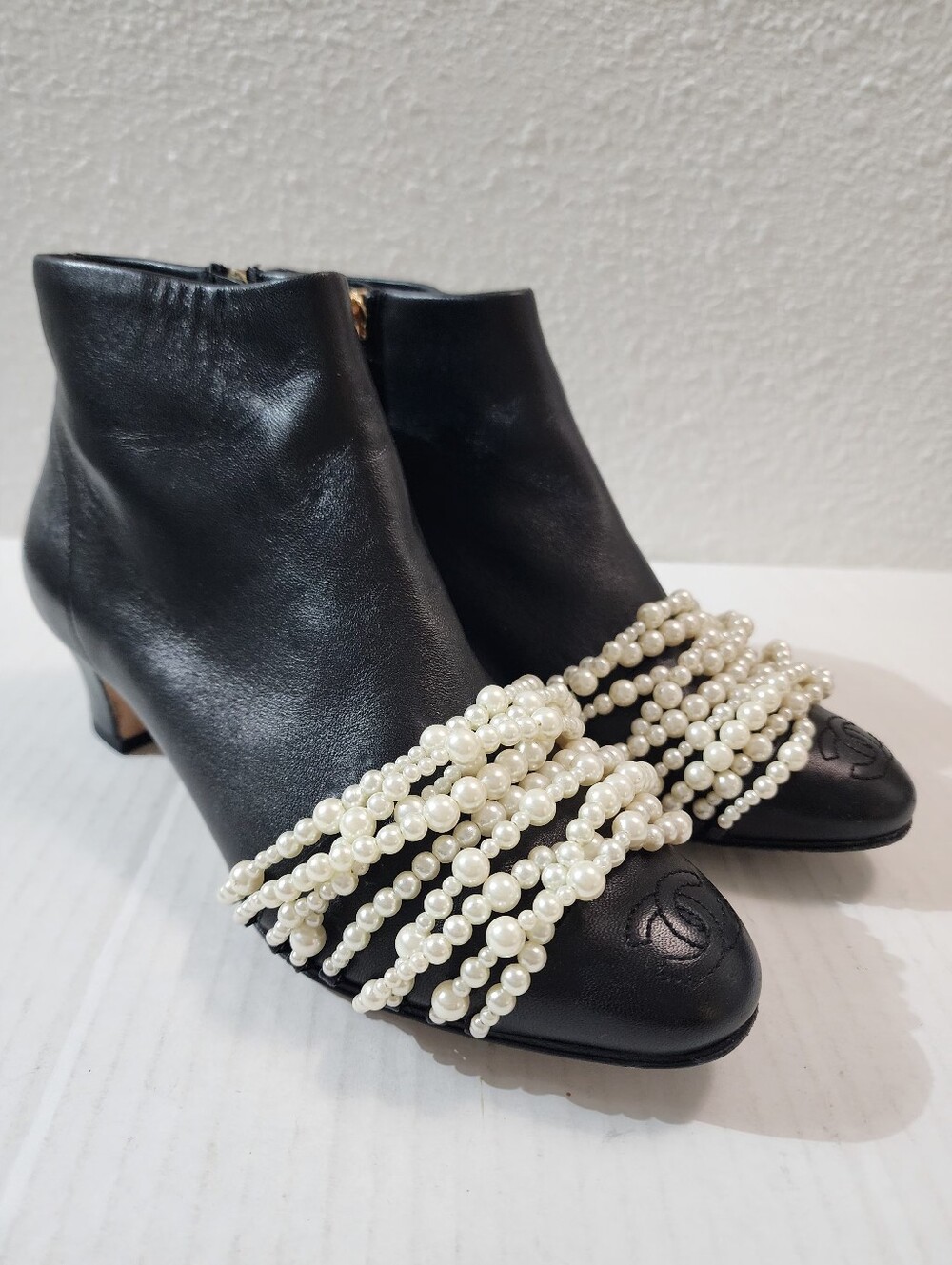 CHANEL Black Goatskin Leather Pearl Accent Ankle Boots Size 38C